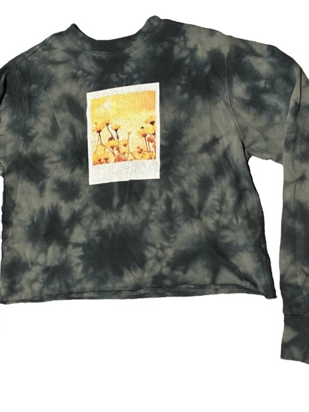 Polaroid Women’s XS Gray Green Tie Dye Cropped Sweatshirt Floral Graphic Logo